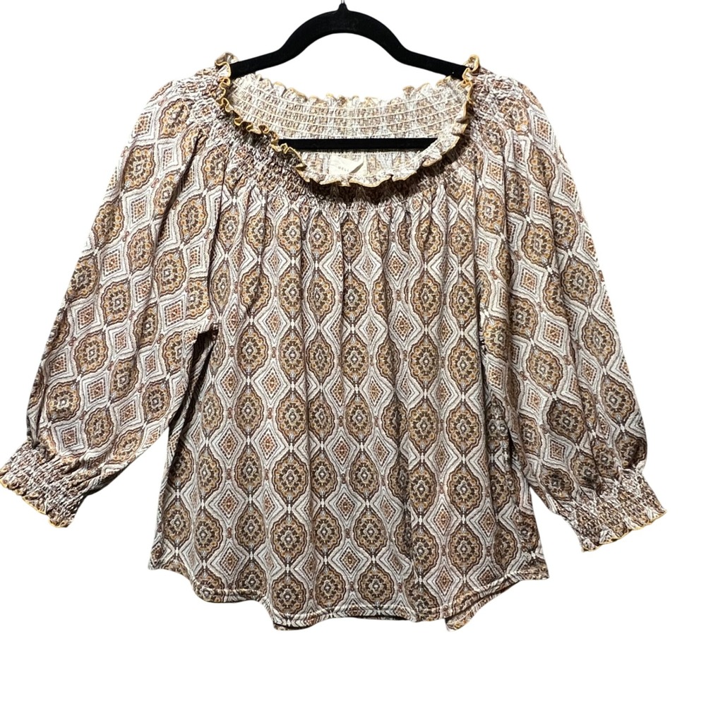 Melloday Peasant Top Small Brown Cream Diamond Print 3/4 Sleeve‎ Smocked